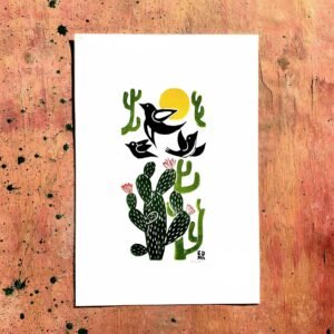 Xilogravura Edna Silva M02 - Cactos e Pássaros - Cor - 48 x 33 cm